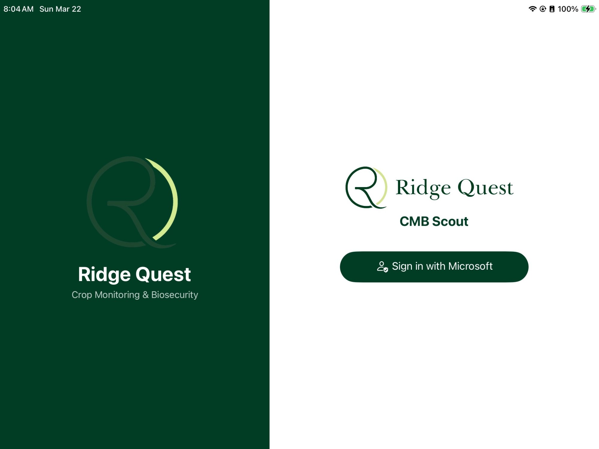 CMB Scout app splash screen and login showing Ridge Quest branding